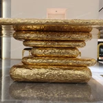 Layered Hammered Gold Dining Table with Dark Breccia Marble Top